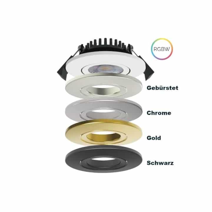 dimmbarer RGBW LED Einbaustrahler mit 5 verschiedenen Fronten (weiß, schwarz, gold, gebürstet und chrome)